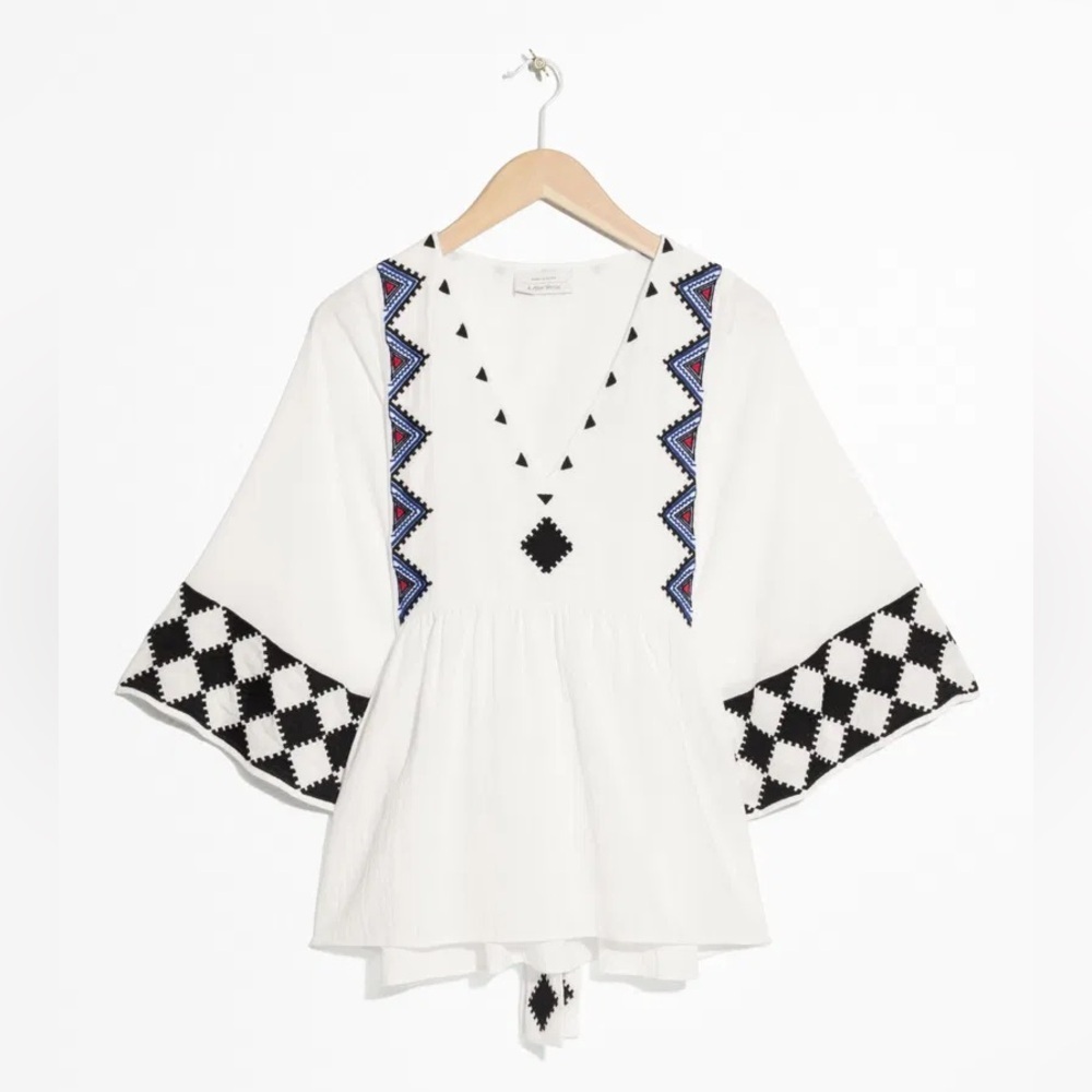 & Other Stories White Embroidered Geometric Peasant Blouse Cotton Size 8